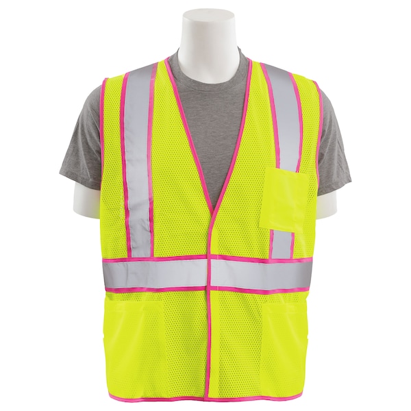 Erb Safety Safety Vest, Unisex, Mesh, Class 2, S730, Hi-Viz Lime w/Pink Trim, MD 63322